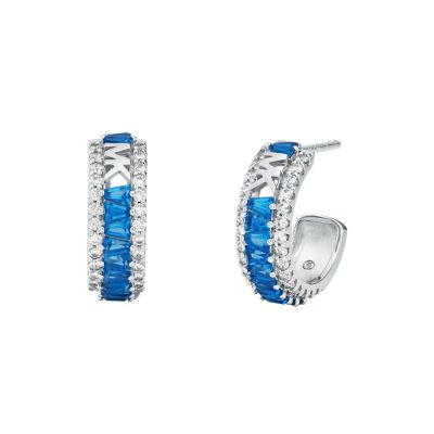 Michael Kors Sterling Silver Blue Tapered Baguette and Pave Huggie Earrings MKC1645CE040 Watch Station