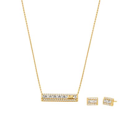 Michael Kors Women's 14K Gold-Plated Tapered Baguette Bar Pendant And Earrings Giftset - Gold