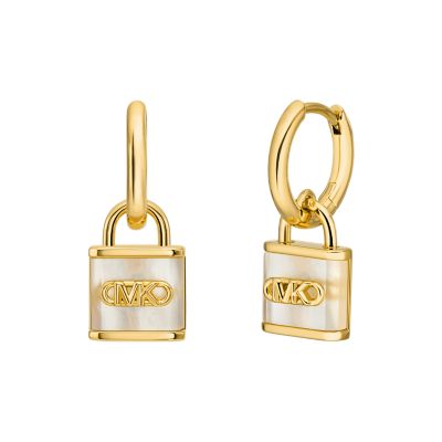 Michael Kors 14K Gold Plated Sterling Silver Mother of Pearl Lock Huggie Earrings MKC1743TN710 Watch Station