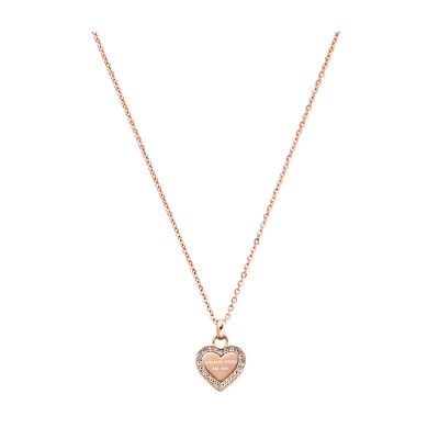 Michael Kors Rose Gold Tone Plated Stainless Steel Pav Heart Pendant Necklace