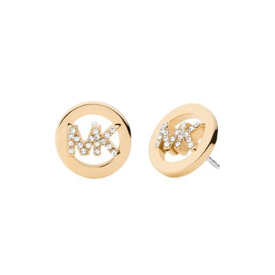 Michael Kors Gold Tone Plated Brass Pave Logo Stud Earrings