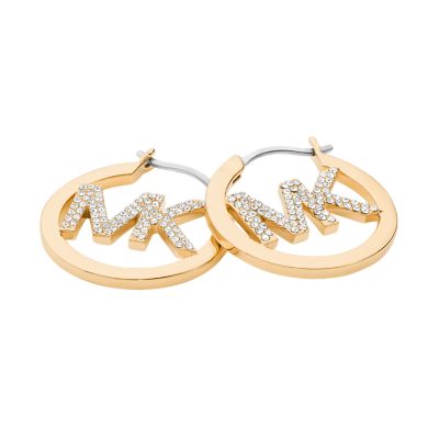 Michael Kors Gold Tone Plated Brass Pav Logo Hoop Earrings