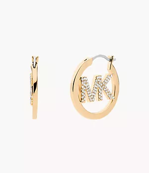 Michael Kors Gold-Tone Plated Brass Pavé Logo Hoop Earrings