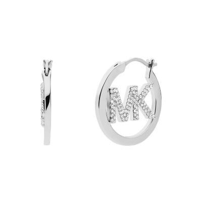 Michael Kors Women's Silver-Tone Plated Brass Pavé Logo Hoop Earrings - Silver