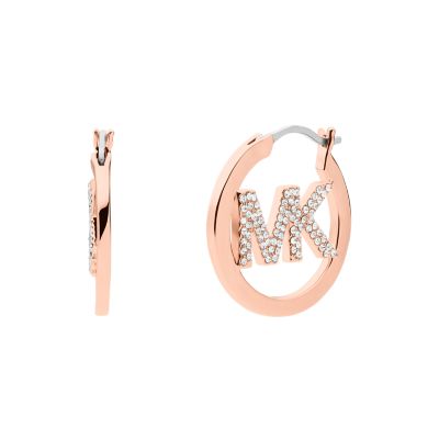 Michael Kors Women's Rose Gold-Tone Plated Brass Pavé Logo Hoop Earrings - Rose Gold