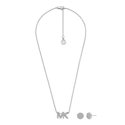 MK Fashion Silver-Tone Brass Combo Necklace and Earrings Set 