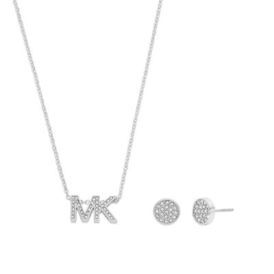 MK Fashion Silver-Tone Brass Combo Necklace and Earrings Set