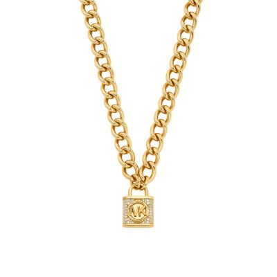 Michael Kors Rose Gold Padlock Chain Logo Necklace, Michael Kors