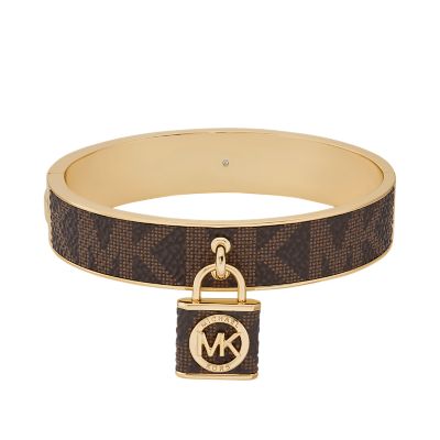 Michael Kors Women's Brown Leather Lock Charm Bangle - Gold