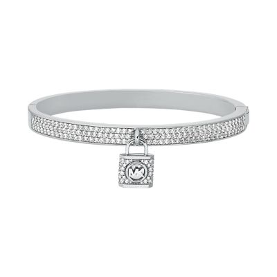 Michael Kors Women's Platinum-Plated Pavé Lock Charm Bangle - Silver