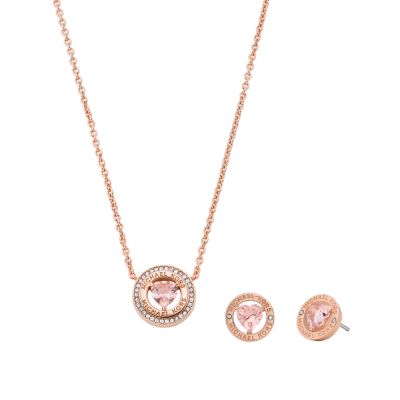 Michael Kors Women's Mk Fashion Rose Gold-Tone Brass Necklace And Earrings Set - Rose Gold