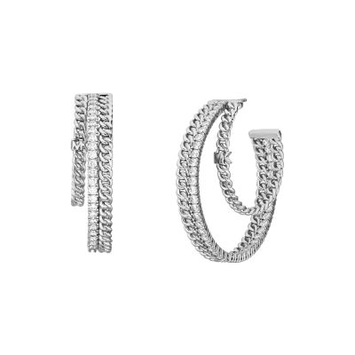 Michael Kors Women's Platinum-Plated Double Layer Chain Hoop Earrings - Silver