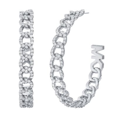 Michael Kors Women's Platinum-Plated Pavé Frozen Curb Hoop Earrings - Silver