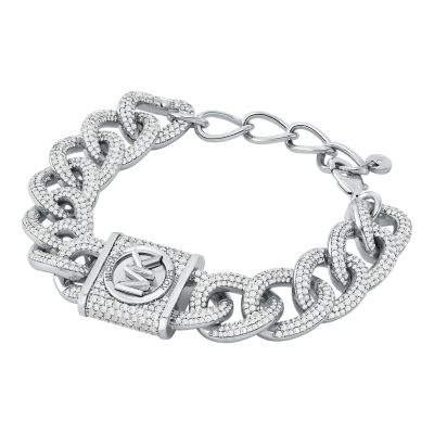 Michael Kors Women's Platinum-Plated Brass Pavé Lock Statement Chain Bracelet - Silver