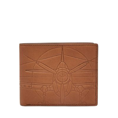 Fossil Men Cognac Plane Embossed Leather Axel Bifold Wallet