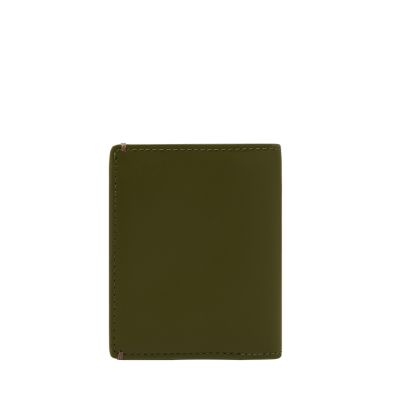 Check and Leather Zip Card Case in Olive Green - Women