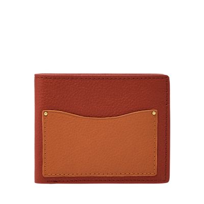 Men's bifold leather wallet with flap, saffiano orange