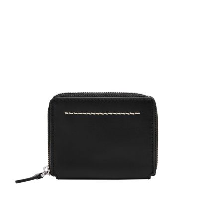 Gusseted Leather Coin Purse with Zipper - Black