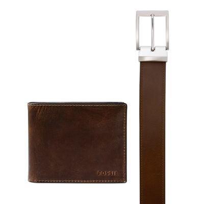 

Fossil Homme Coffret cadeau Derrick avec portefeuille à deux volets avec fenêtre transparente et ceinture