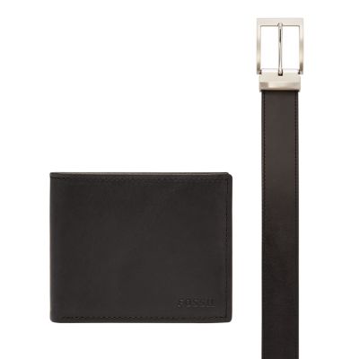 

Fossil Homme Coffret cadeau Derrick RFID avec portefeuille à deux volets avec fenêtre transparente et ceinture