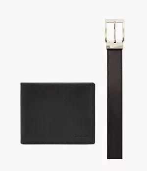 Coffret cadeau portefeuille à deux volets RFID avec fenêtre transparente rabattable Derrick et ceinture