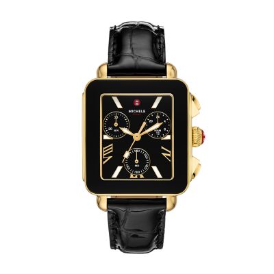 Deco Sport Chronograph 18K Gold Plated Stainless Steel Noir Leather Watch MWW06K000070 MICHELE