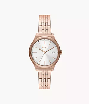 DKNY Parsons Three-Hand Date Rose Gold-Tone Stainless Steel Watch