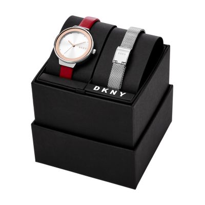 DKNY Astoria Three Hand Red Leather Watch and Strap Set