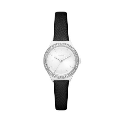 DKNY Parsons Three-Hand Black Leather Watch