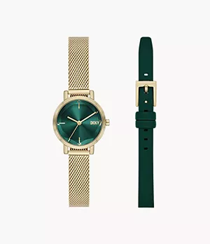 DKNY Soho Three-Hand Gold-Tone Stainless Steel Mesh Watch and Strap Set