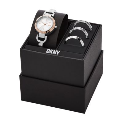 DKNY City Link Three-Hand Stainless Steel Watch and Top Rings Set