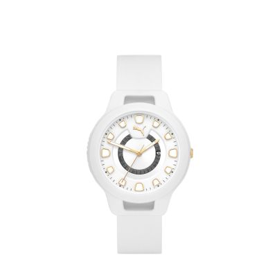 PUMA Women s Reset Three Hand Date White Silicone Watch