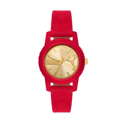 PUMA Ultrafresh Three-Hand Red Suede Leather Watch