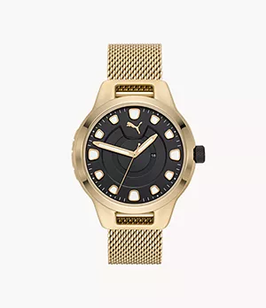 PUMA Men's Reset Three-Hand Date Gold-Tone Stainless Steel Watch