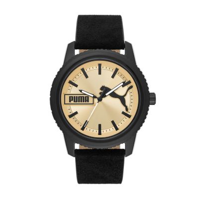 PUMA Ultrafresh Three-Hand Black Suede Watch Station Watch P5106 - Leather 
