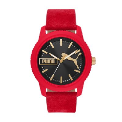 PUMA Ultrafresh Three-Hand Red Suede Leather Watch