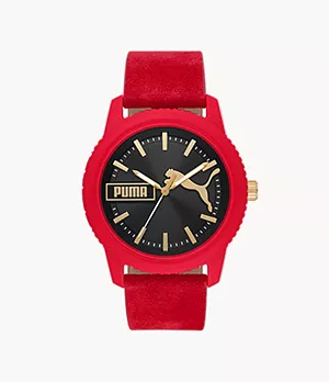 PUMA Ultrafresh Three-Hand Red Suede Leather Watch