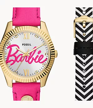Coffret montre Barbie™ x Fossil à trois aiguilles, en cuir, rose, avec bracelet interchangeable, en édition spéciale