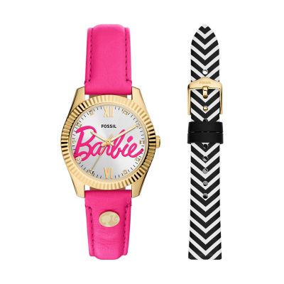 Coffret montre Barbie x Fossil trois aiguilles en cuir rose avec bracelet interchangeable en dition sp ciale