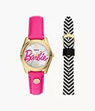Coffret montre Barbie™ x Fossil à trois aiguilles, en cuir, rose, avec bracelet interchangeable, en édition spéciale