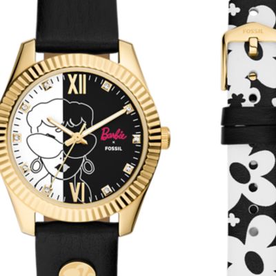 Barbie™ x Fossil Limited Edition Three-Hand Black Leather Watch and Interchangeable Strap Box Set