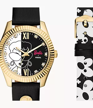 Barbie™ x Fossil Special Edition Three-Hand Black Leather Watch and Interchangeable Strap Box Set