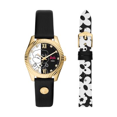 Barbie™ x Fossil Special Edition Three-Hand Black Leather Watch and Interchangeable Strap Box Set