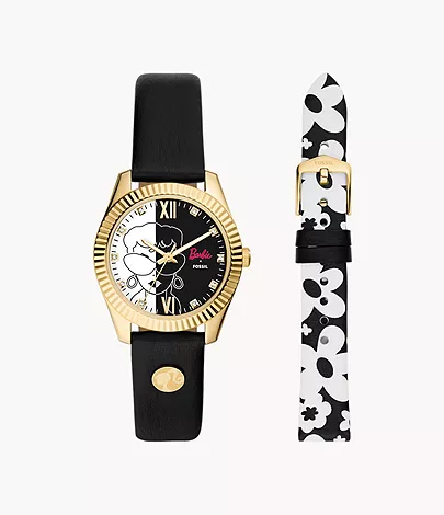 Barbie™ x Fossil Special Edition Three-Hand Black Leather Watch and Interchangeable Strap Box SetBarbie™ x Fossil Special Edition Three-Hand Black Leather Watch and Interchangeable Strap Box Set