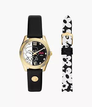 Barbie™ x Fossil Special Edition Three-Hand Black Leather Watch and Interchangeable Strap Box Set