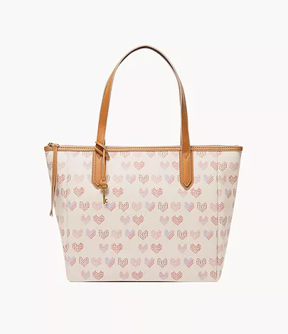 A women's handbag with heart-themed print
