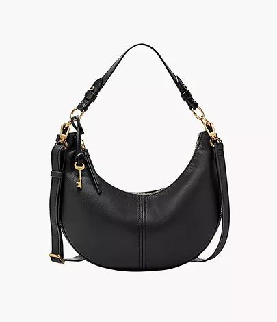 A black leather crescent-shaped handbag.