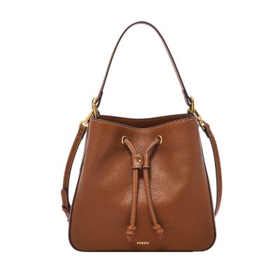 The Tessa cinched bucket bag in brown leather.