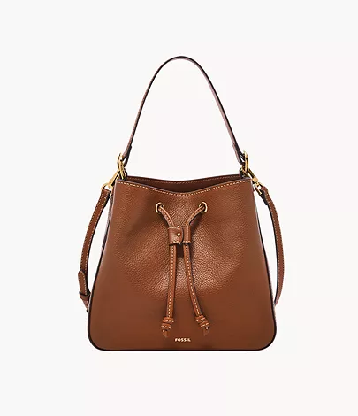 The Tessa cinched bucket bag in brown leather.