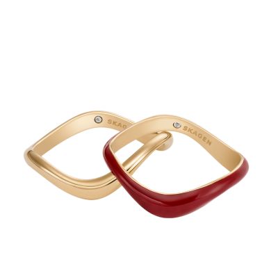 Liquid Metal Gold Tone Stainless Steel and Cranberry Enamel Stack Ring